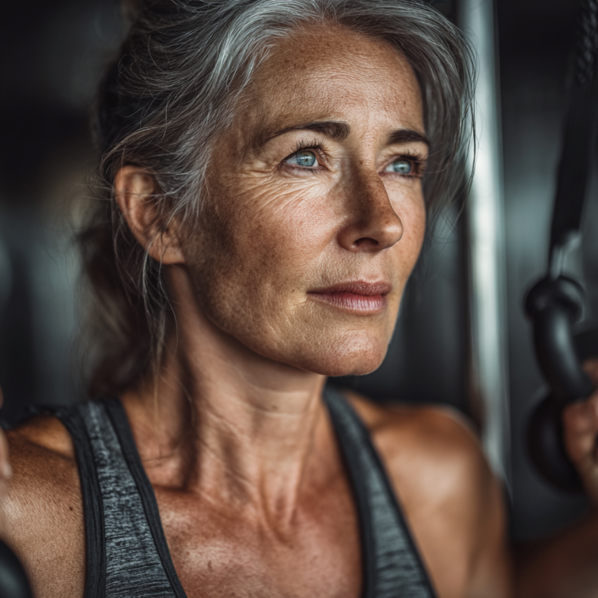 Група літніх людей виконує вправи з йоги